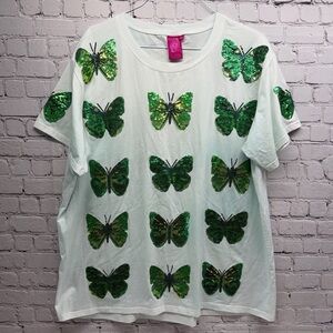 Queen of Sparkles White with Green Butterfly Sequin T-Shirt - Size xxl